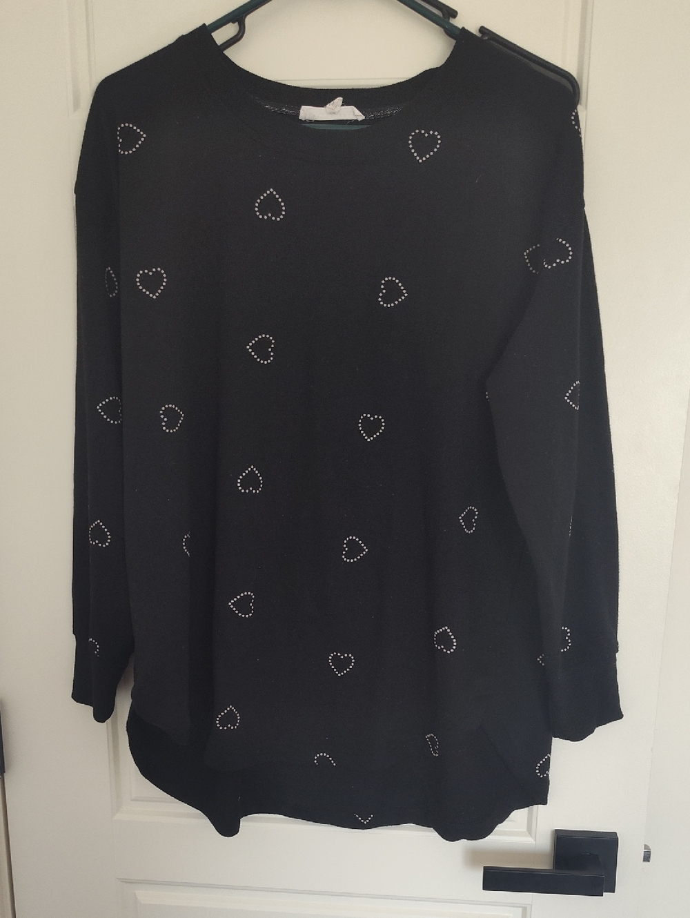 Jane and Delancey Black Crewneck Sweater with Rhinestone Heart Accents